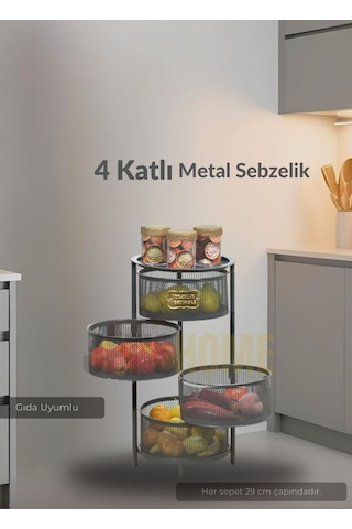 4 Katlı Sebzelik Açılır Metal Patates Soğan Sepeti Paslanmaz Meyvelik Organizer Sepet Siyah Siyah