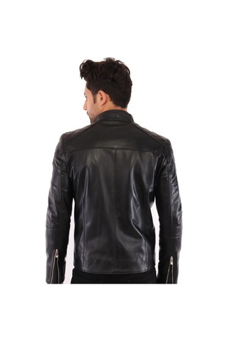Hakiki Deri Siyah Erkek Deri Mont Omuz Baklava Desenli Koldan Fermuar Detaylı Dört Cepli Deri Ceket Siyah