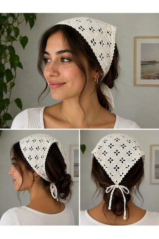 El Örgüsü Çiçek Desenli Kombin Saç Bandanası Bohem Kadın Bandana Yazlık Örgü Bandana Ayarlanabilir Saç Aksesuarı Beyaz