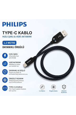 Philips Usb-a To Usb-c Kablo 1.2 Metre Dayanıklı Örgülü Hızlı Şarj Senkronizasyonlu Type-c Kablo