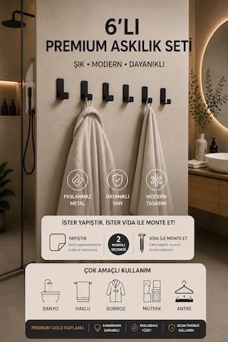6 Lı Metal Yapışkanlı Siyah Renk Bornoz/havlu Askısı/mutfak Askısı / Çok Amaçlı Askı / Paslanmaz 2mm "çok Kalın Askı"
