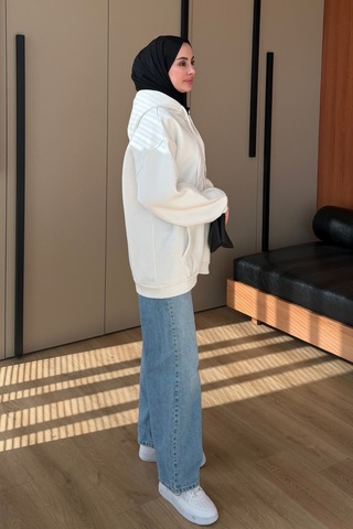 Balenbi Kadın 3 İplik İçi Polarlı Kapüşonlu Tesettür Basic Sweat Hırka 395 Ekru