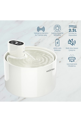 Haustier Wf03 Otomatik Kablosuz Kedi Su Pınarı, Sensörlü , Bataryalı , Ultra Sessiz, Seramik, 2,3lt Hazne
