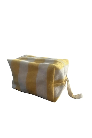 Faralyalife Çizgili Fermuarlı Taşıma Kulplu Makyaj Çantası 20x20 Cm %70 Pamuk %30 Polyester Kozmetik Kadın Makyaj Çantası