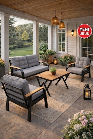 Ard & Garden Kavacık 2+1+1 Masalı Gri Bahçe Oturma Takımı Balkon, Teras, Veranda, Minderli Metal Koltuk Takımı Gri