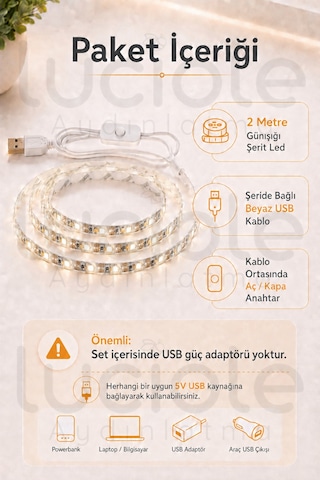 2 Metre Günışığı Usb Şerit Led 5v Aç Kapa Anahtarlı Mutfak Tv Masa Raf Powerbank Işık