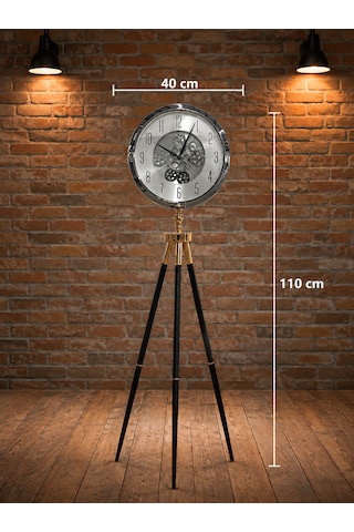 Krom Metal Ayaklı Dekoratif Salon Saati 110 Cm 40 Cm Çaplı Tripod Tasarımlı Retro Lüks Yer Saati
