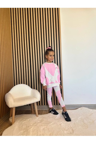 Kız Çocuk Slogan Yazı Detaylı Sweatshirt + Tayt Alt Üst Takım Kalp