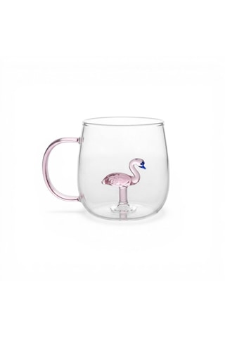 Flamingo Figürlü Borosilikat Cam Kupa 350 Ml Renkli Kulplu Kahve Kupası Dekoratif Hediye Bardak Açık Pembe