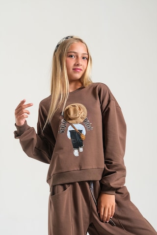 Loco Loco Kahverengi Baskılı Şapka Aksesuarlı Çocuk Sweatshirt
