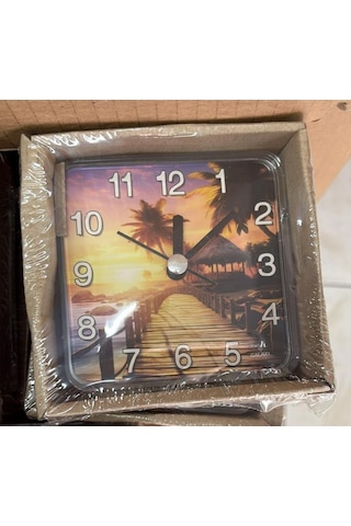 Galaxy Mıknastıslı Nostaljik Günbatımı Eskitme Desenli Buzdolabı Saati Kare 10 X 10 Cm Sarı