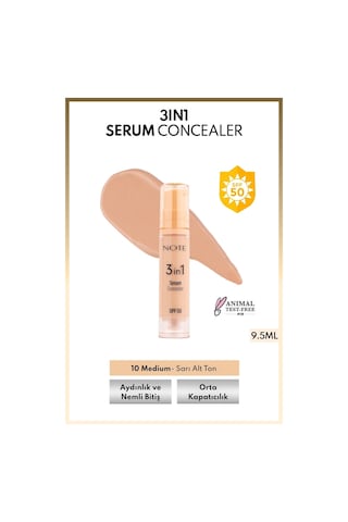 Note Cosmetics 3 in 1 Serum Concealer SPF 50 Nemlendirici ve Aydınlatıcı Göz Altı Kapatıcısı - 10 Medium