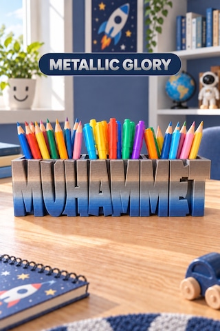 Kişiye Özel İsimli Kalemlik, 3 Bölmeli Çocuk Odası Masaüstü Organizeri İsme Özel Hediye Metallic Glory