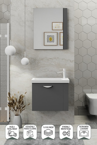 Biani Fix Maxila 60 Cm Seramik Lavabolu, Aynalı, Banyo Dolabı, Lavabo Dahil, Mdf,Mat Gri