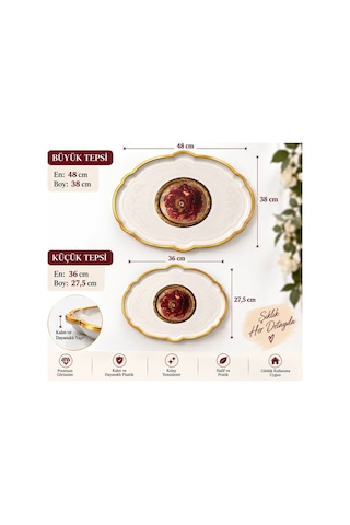 2 Li Büyük Boy Gold Dekoratif Sunum Tepsisi Seti 48x38 / 36x27,5 Cm Kalın Dayanıklı Plastik Çay Kahve Servis İkram Tepsisi 5 Farklı Model