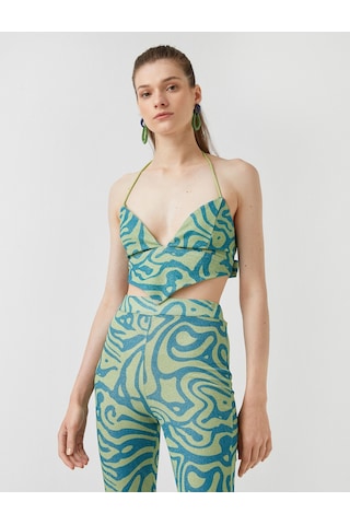 Koton Crop Abiye Bluz Askılı V Yaka Yeşil Desenli 2sak60053fk Yeşil Desenli