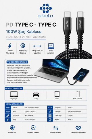 Arbaks 100w Pd Usb Type-c To Type-c Hızlı Şarj Ve Data Kablosu 1 Metre Örgülü