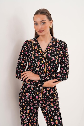 Çift Kaplan Kadın Pamuk Modal Gömlek Yaka Önden Düğmeli Siyah Pijama Takımı 7010 Siyah