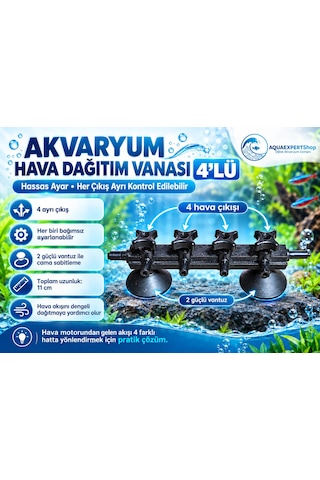 Akvaryum Hava Dağıtım Vanası 4'lü Hassas Hava Ayarı Bağımsız Çıkış Kontrolü Çift Vantuzlu 11 Cm
