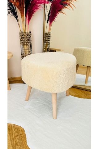 Bohem Tarz Teddy Kumaş Üçgen Puf, Makyaj Taburesi, Bench, Ekru