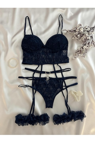 Mh Moony Homewears Sweden Taş Detaylı Lacivert Jartiyer Set Lacivert