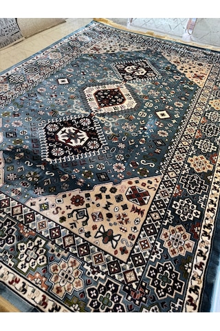 Asaryün Halı Ipek H4320at Mavi İpeksi Geleneksel Renkli Göbekli Klasik Desen Salon Halısı Modern Renkli