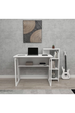 Saye 5 Raflı Kitaplıklı Çalışma Masası Beyaz Mat Beyaz