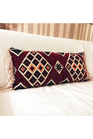 3 Lü Bordo Kilim Desenli Püsküllü İç Dolgulu Dekoratif Kırlent Seti Etnik Bohem Salon Koltuk Yastığı Bordo