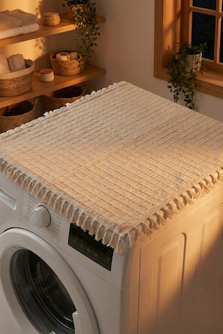 Vintage Püsküllü Çamaşır Makinesi Örtüsü - Çeyizlik Buldan Bezi Dekoratif Banyo Makine Kılıfı Bej