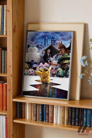 Pokemon Dedektif Pikachu Poster, Siyah Çerçeveli Duvar Tablosu - Anime Severlere Özel Hediye