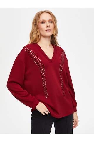 Önü Trok Taşlı V Yaka Sweatshirt 69509 U6950940 Bordo