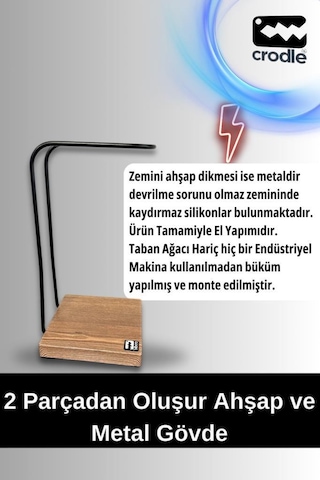 Ceviz Ahşap Ve Siyah Metal Gaming Kulaklık Dikey Standı 81577445