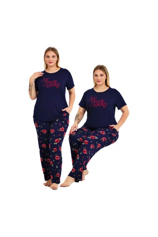 Lady Lacivert Renk Ve Desenli 11025 Kısa Kollu Kadın Büyük Beden Anne Pijama Takımı Lacivert - Kırmızı