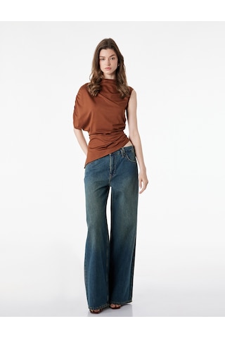 Koton Slim Fit Asimetrik Kesim Drapeli Dik Yaka Bluz Kahverengi 6sak70029ek Kahve