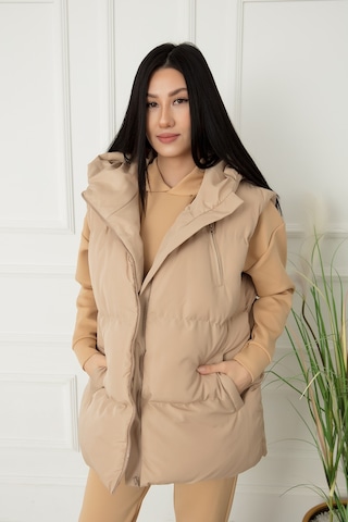 Pullımm Kadın Kapüşonlu Boyfriend Şişme Yelek 8155 Bej Bej