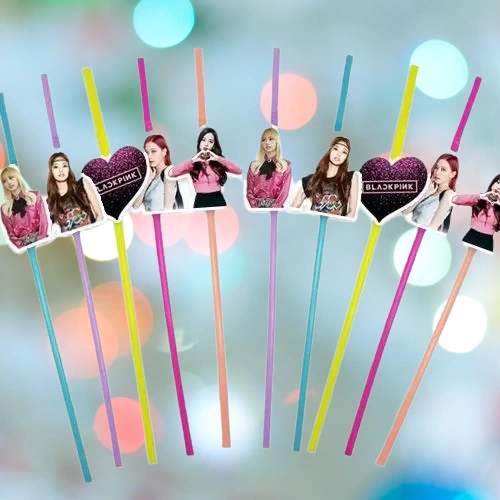 Pipet Black Pink Temalı Artistik Körüklü Pipet 10 Lu Doğum Günü Temalı Pipet +3