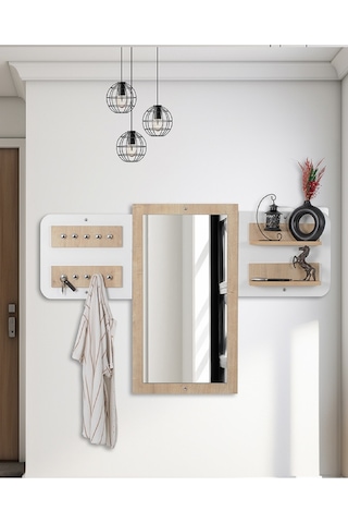 Elbise Askısı / Aynalı Askı / Dekoratif Askılık / Portmanto /duvar Askılık / Flora Dafne Beyaz - Meşe