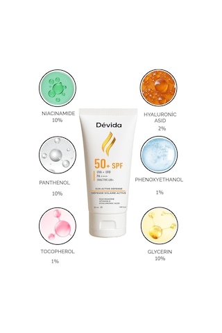 Devida UVA UVB Koruyucu Cilt Lekesi Önleyici Nemlendirici UvActive 400+ Yüz Güneş Kremi SPF50+ 50 ML
