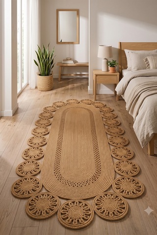 Jüt Hasır Oval Kilim Dekoratif Örgü Model Halı Salon Oturma Odası Mutfak Koridor Yatak Odası Banyo Balkon Yolluk Bohem Ev Dekoru 244hasırbambu