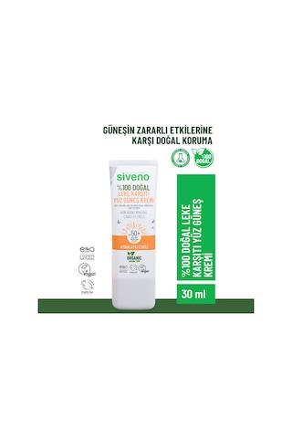 Siveno %100 Doğal Yüz Güneş Kremi Leke Karşıtı Aydınlatıcı Çinko Mineral Filtre UVA UVB SPF 50+ 30 ML