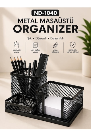 Need Nd-1040 Metal Mesh Masaüstü Organizer 3 Bölmeli Çok Amaçlı Düzenleyici Siyah