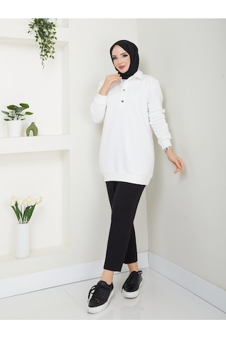 Raika Moda Kapşonlu 3 İplik Büyük Beden Tesettür Sweatshirt Ekru