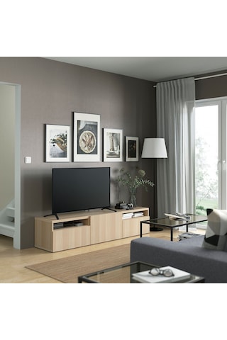 Tv Sehpası, Ağartılmış Meşe Görünümlü, 180x42x39 Cm, Lappvıken, Fren Raylı Meşe