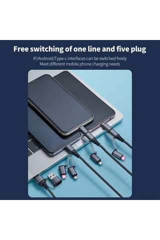 Hombey 5-in-1 Hızlı Şarj Kablosu, 3a Akım, 1 Metre Uzunluk, Nilon Kaplama, /type-c/android Uyumlu, Koyu Gri