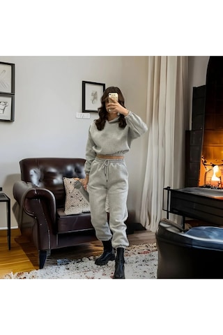 Fifty Color Crop Takım Kapüşonlu Üç Iplik Kalın Polarlı Eşofman Takımı- Gri
