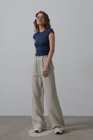 Çizgili Pamuklu Lastikli Pantolon - Bej-lacivert Bej - Lacivert