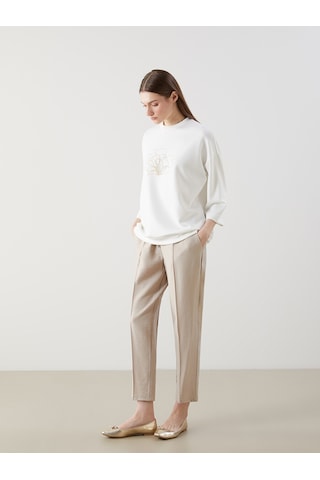 Lcw Modest Beyaz Bisiklet Yaka Nakışlı Oversize Kadın Sweatshirt Tunik