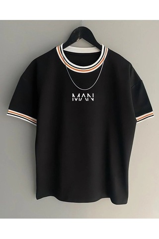 Hırsch Unisex Siyah Oversize Yaka Kol Detaylı Man Baskılı T-shirt SIYAH