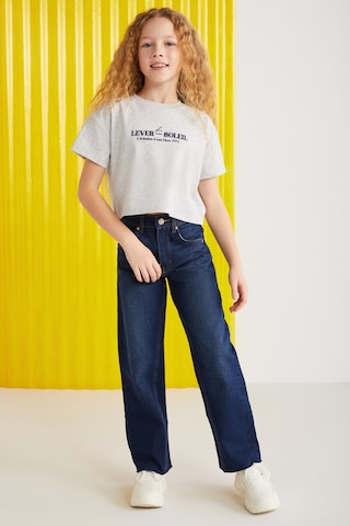 Grimelange Agate-grm24025 100% Pamuk Baskılı Kısa Kollu Kız Çocuk T-shirt Grimelanj T-shirt Gri Melanj