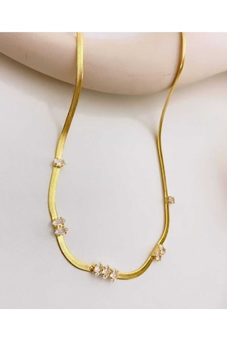 Nılotus Gold 45cm İtalyan Zincir Beyaz Baget Taşlı Çelik Kolye Beyaz
